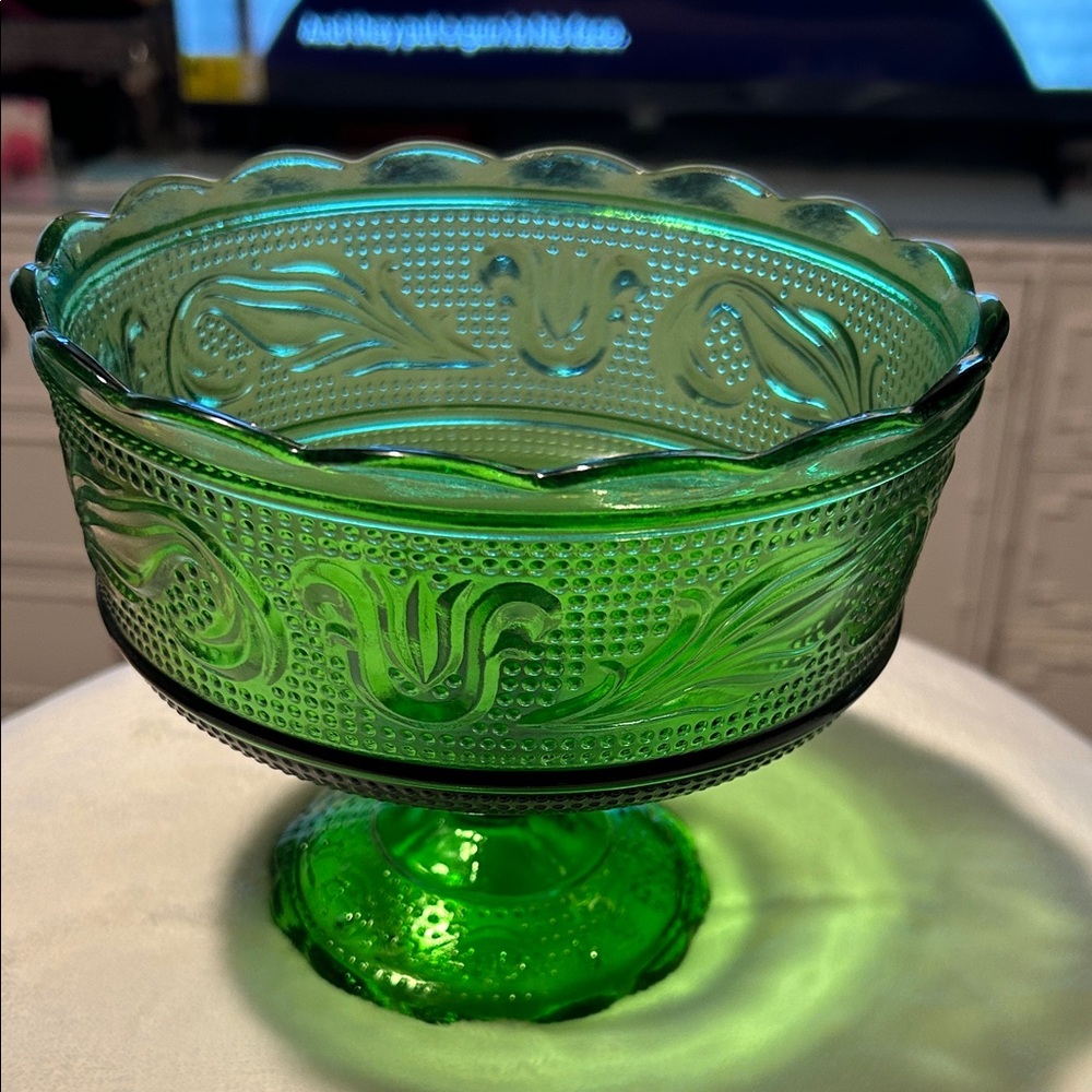 Green Pressed Glass Vintage Pedestal Bowl - Decorative Floral Motif